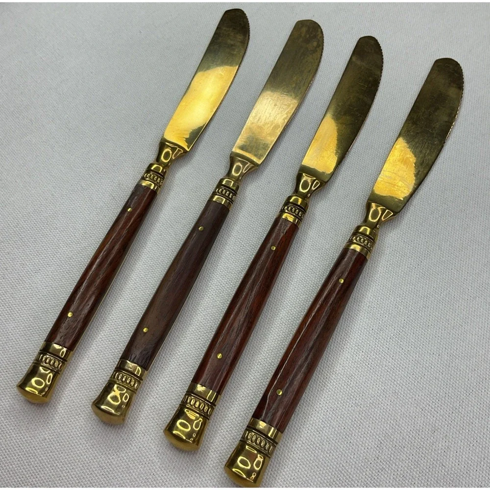 Pottery Barn Rosewood Knives Golden Bronze Flatware Cutting Dinner 4 Pcs